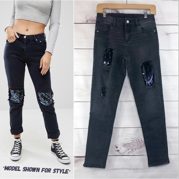 boho rave Denim - Skinny Stretch Jeans Distressed Oil Slick Sequins